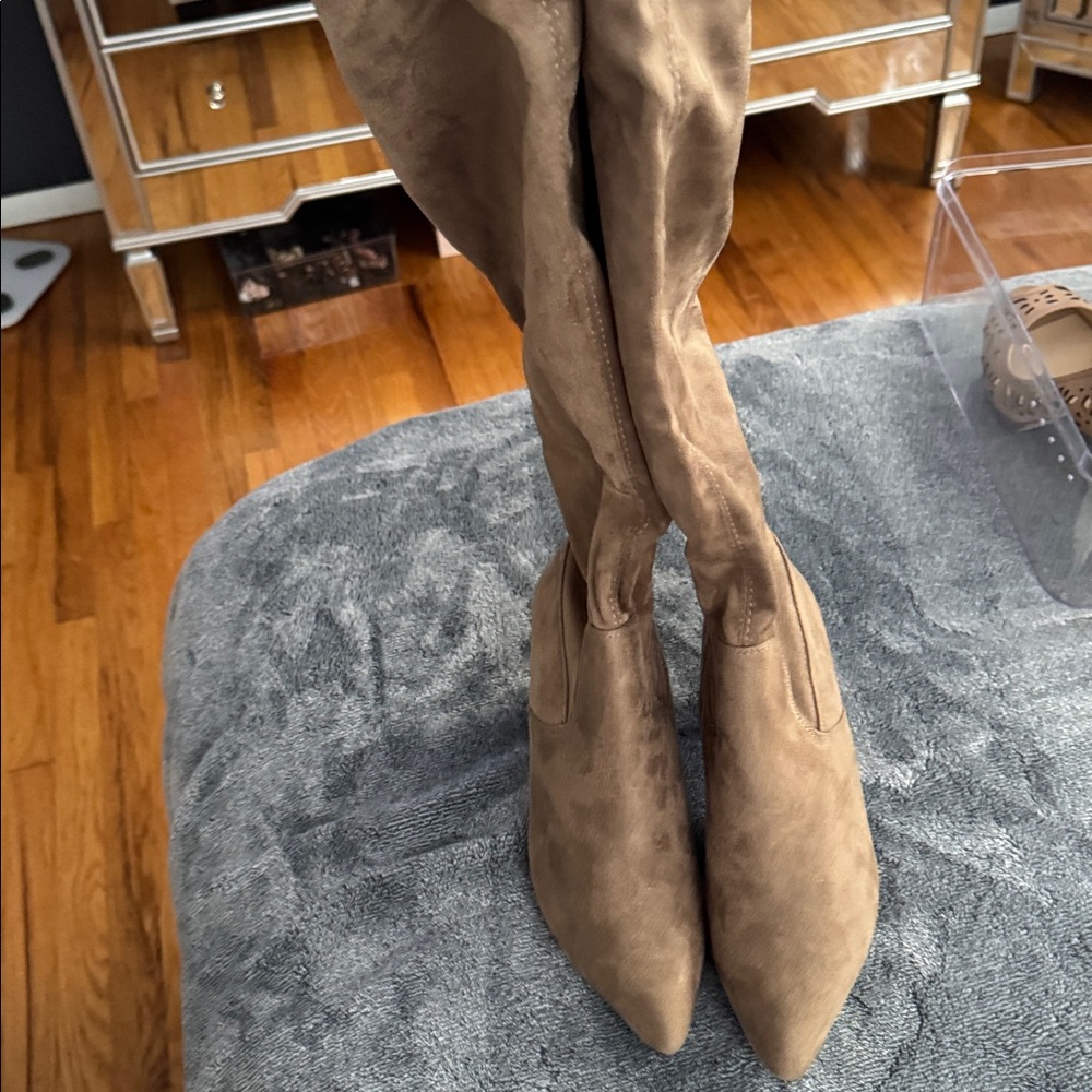 Elegant Tan Over-the-Knee Boots Faux Suede NEVER WORN
